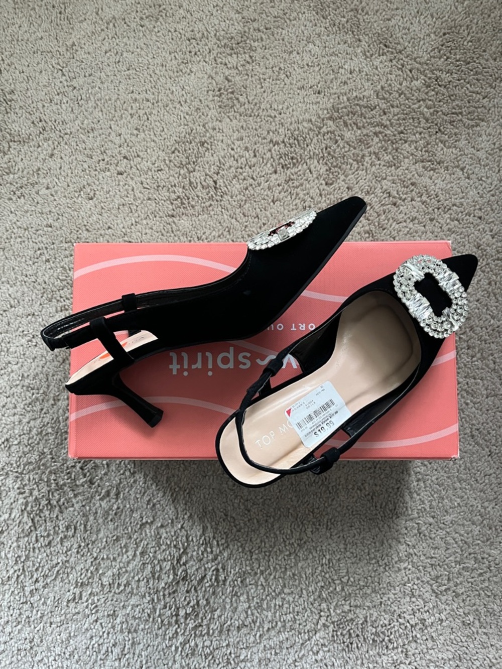 TOP Moda Black Pointed Slingback Kitten Heels with Crystal Buckle